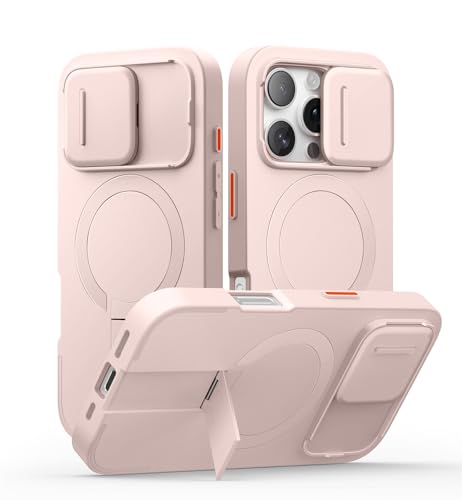SURITCH Magnetisch hülle Kompatibel mit iPhone 16 Pro, Stoßfest Handyhülle Kratzfest Schutzhülle mit Kameraabdeckung schieben und verstellbarem Kickstand(Rosa) von SURITCH