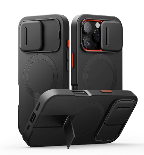 SURITCH Magnetisch hülle Kompatibel mit iPhone 16 Pro, Stoßfest Handyhülle Kratzfest Schutzhülle mit Kameraabdeckung schieben und verstellbarem Kickstand(schwarz) von SURITCH