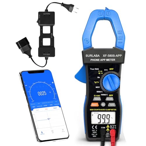 Bluetooth Strommesszange mit Line Splitter, AC DC Clamp Meter APP Support TRMS, Leitungsteiler AC 100~230V 50/60Hz (MAX 15A), NCV Voltmeter Widerstand Kontinuität Kapazität Temperatur Diode Hz Test von SURLABA