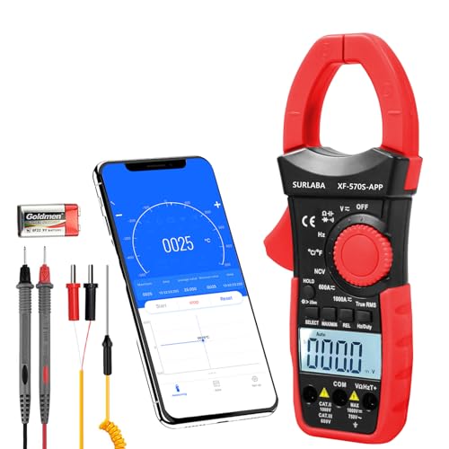 SURLABA Bluetooth Clamp Meter, AC DC Digitale Strommesszange TRMS, 6000Count Voltmeter Stromtester APP Supported, Volt Amp Meter mit Widerstand Kontinuität Kapazität Temperatur Diode Frequenz von SURLABA