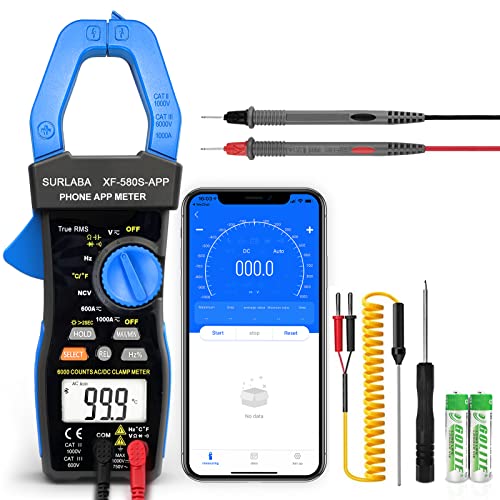 SURLABA Bluetooth Strommesszange, AC DC Clamp Meter 6000Count TRMS, NCV Voltmeter Amperemeter Ohmmeter APP Support, Auto Range Multimeter mit Widerstand Kontinuität Kapazität Temperatur Diode Hz SURLABA Bluetooth Strommesszange, AC DC Clamp Meter 6000Count TRMS, NCV Voltmeter Amperemeter Ohmmeter APP Support, Auto Range Multimeter mit Widerstand Kontinuität Kapazität Temperatur Diode Hz von SURLABA