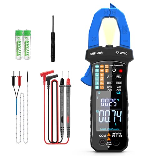 SURLABA Digitale Zangenmultimeter, AC DC Clamp Meter Strommesszange 600V TRMS, NCV Strommessgerät Multimeter mit Taschenlampe für Spannung Strom Widerstand Kapazität Durchgang Temperatur Diode von SURLABA