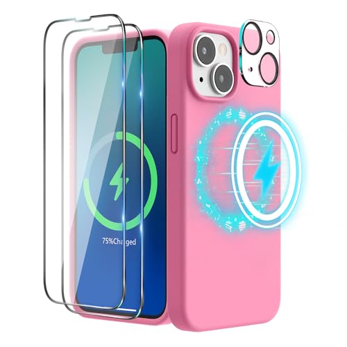 SURPHY (4 in 1 Magnetische Hülle für iPhone 14 Hülle Silikon (6,1 Zoll, 2022), mit 2 Schutzfolie & 1 Kameraschutz, Flüssigsilikon Handyhülle iPhone 14 Case mit Magnete, Pink von SURPHY