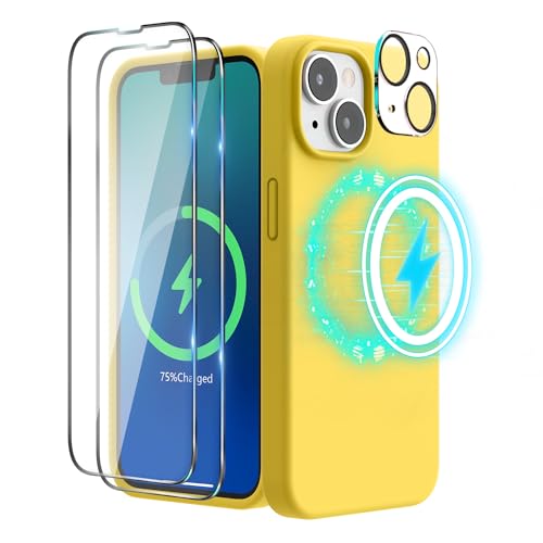 SURPHY (4 in 1 Magnetische Hülle für iPhone 14 Hülle Silikon (6,1 Zoll, 2022), mit 2 Schutzfolie & 1 Kameraschutz, Flüssigsilikon Handyhülle iPhone 14 Case mit Magnete, Warmgelb von SURPHY