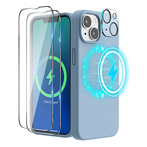 SURPHY (4 in 1 Magnetische Hülle für iPhone 14 Hülle Silikon (6,1 Zoll, 2022), mit 2 Schutzfolie & 1 Kameraschutz, Flüssigsilikon Handyhülle iPhone 14 Case mit Magnete (Dunstblau) von SURPHY