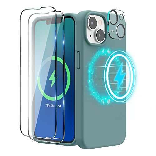 SURPHY (4 in 1 Magnetische Hülle für iPhone 14 Hülle Silikon (6,1 Zoll, 2022), mit 2 Schutzfolie & 1 Kameraschutz, Flüssigsilikon Handyhülle iPhone 14 Case mit Magnete (Kaktus Grün) von SURPHY