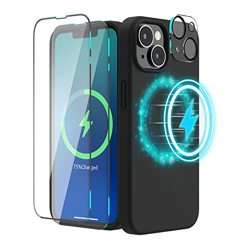 SURPHY (4 in 1 Magnetische Hülle für iPhone 14 Hülle Silikon (6,1 Zoll, 2022), mit 2 Schutzfolie & 1 Kameraschutz, Flüssigsilikon Handyhülle iPhone 14 Case mit Magnete (Schwarz) von SURPHY