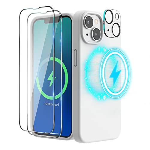 SURPHY (4 in 1 Magnetische Hülle für iPhone 14 Hülle Silikon (6,1 Zoll, 2022), mit 2 Schutzfolie & 1 Kameraschutz, Flüssigsilikon Handyhülle iPhone 14 Case mit Magnete (Weiß) von SURPHY