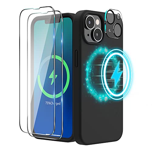 SURPHY (4 in 1 Magnetische Hülle für iPhone 14 Plus Hülle Silikon (6,7 Zoll, 2022), mit 2 Schutzfolie & 1 Kameraschutz, Flüssigsilikon Handyhülle iPhone 14 Plus Case mit Magnete (Schwarz) von SURPHY