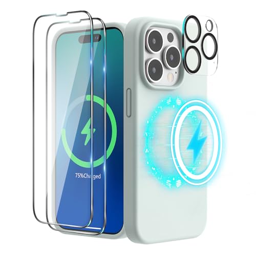 SURPHY (4 in 1 Magnetische Hülle für iPhone 14 Pro Hülle Silikon (6,1 Zoll, 2022), mit 2 Schutzfolie & 1 Kameraschutz, Flüssigsilikon Handyhülle iPhone 14 Pro Case mit Magnete, Blassmint von SURPHY