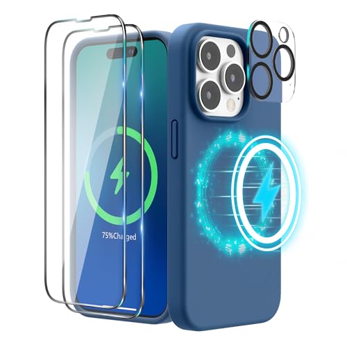 SURPHY (4 in 1 Magnetische Hülle für iPhone 14 Pro Hülle Silikon (6,1 Zoll, 2022), mit 2 Schutzfolie & 1 Kameraschutz, Flüssigsilikon Handyhülle iPhone 14 Pro Case mit Magnete, Eisblau von SURPHY