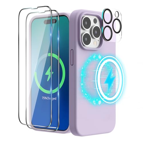 SURPHY (4 in 1 Magnetische Hülle für iPhone 14 Pro Hülle Silikon (6,1 Zoll, 2022), mit 2 Schutzfolie & 1 Kameraschutz, Flüssigsilikon Handyhülle iPhone 14 Pro Case mit Magnete, Flieder von SURPHY