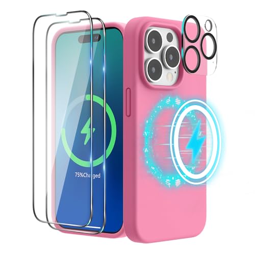 SURPHY (4 in 1 Magnetische Hülle für iPhone 14 Pro Hülle Silikon (6,1 Zoll, 2022), mit 2 Schutzfolie & 1 Kameraschutz, Flüssigsilikon Handyhülle iPhone 14 Pro Case mit Magnete, Pink von SURPHY