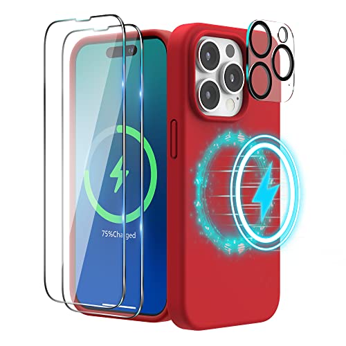 SURPHY (4 in 1 Magnetische Hülle für iPhone 14 Pro Hülle Silikon (6,1 Zoll, 2022), mit 2 Schutzfolie & 1 Kameraschutz, Flüssigsilikon Handyhülle iPhone 14 Pro Case mit Magnete, Rot von SURPHY