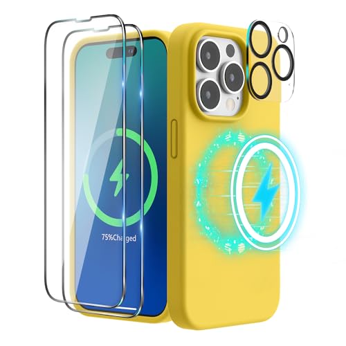 SURPHY (4 in 1 Magnetische Hülle für iPhone 14 Pro Hülle Silikon (6,1 Zoll, 2022), mit 2 Schutzfolie & 1 Kameraschutz, Flüssigsilikon Handyhülle iPhone 14 Pro Case mit Magnete, Warmgelb von SURPHY