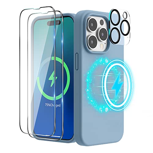 SURPHY (4 in 1 Magnetische Hülle für iPhone 14 Pro Hülle Silikon (6,1 Zoll, 2022), mit 2 Schutzfolie & 1 Kameraschutz, Flüssigsilikon Handyhülle iPhone 14 Pro Case mit Magnete (Dunstblau) von SURPHY