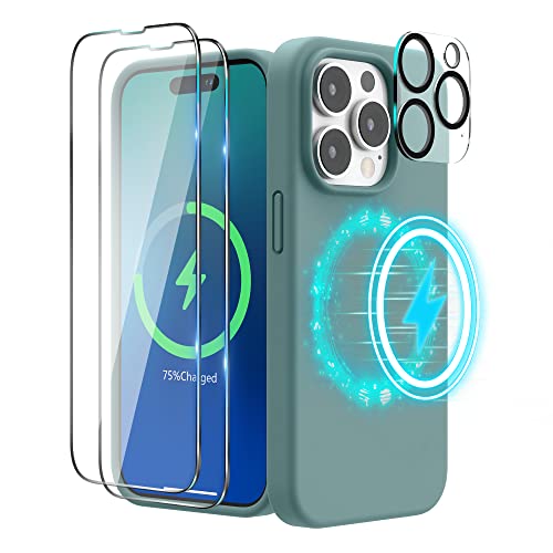 SURPHY (4 in 1 Magnetische Hülle für iPhone 14 Pro Hülle Silikon (6,1 Zoll, 2022), mit 2 Schutzfolie & 1 Kameraschutz, Flüssigsilikon Handyhülle iPhone 14 Pro Case mit Magnete (Kaktus Grün) von SURPHY