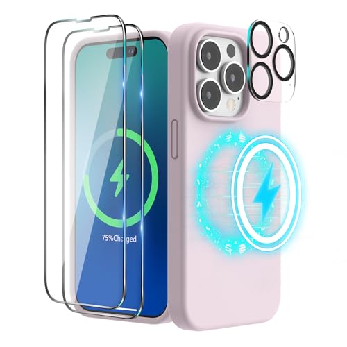 SURPHY (4 in 1 Magnetische Hülle für iPhone 14 Pro Hülle Silikon (6,1 Zoll, 2022), mit 2 Schutzfolie & 1 Kameraschutz, Flüssigsilikon Handyhülle iPhone 14 Pro Case mit Magnete (Kalkrosa) von SURPHY