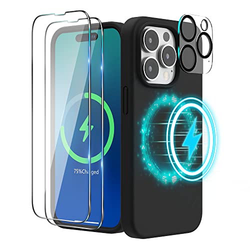 SURPHY (4 in 1 Magnetische Hülle für iPhone 14 Pro Hülle Silikon (6,1 Zoll, 2022), mit 2 Schutzfolie & 1 Kameraschutz, Flüssigsilikon Handyhülle iPhone 14 Pro Case mit Magnete (Schwarz) von SURPHY