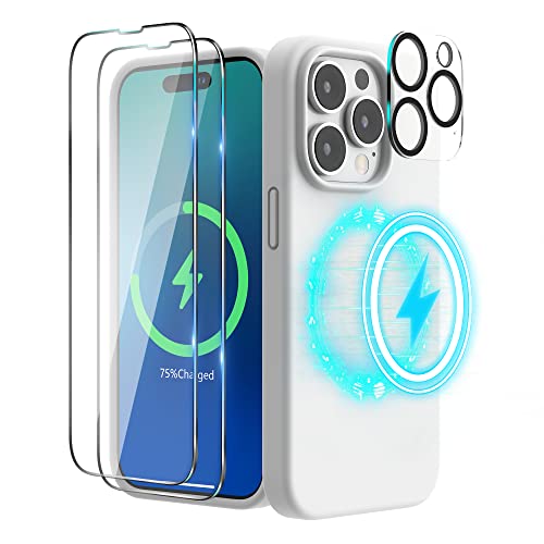 SURPHY (4 in 1 Magnetische Hülle für iPhone 14 Pro Hülle Silikon (6,1 Zoll, 2022), mit 2 Schutzfolie & 1 Kameraschutz, Flüssigsilikon Handyhülle iPhone 14 Pro Case mit Magnete (Weiß) von SURPHY