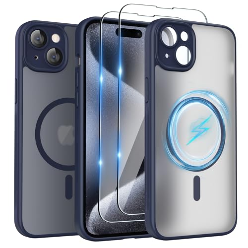 SURPHY für iPhone 15 Case (6,1") für MagSafe mit Schutzfolie, mit Vollständiger Kameraschutz, Stoßfest Matt Handyhülle iPhone 15 Hülle mit Magnete, Anti-Fingerabdruck, Blau von SURPHY