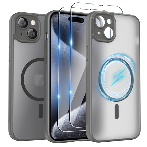 SURPHY für iPhone 15 Case (6,1") für MagSafe mit Schutzfolie, mit Vollständiger Kameraschutz, Stoßfest Matt Handyhülle iPhone 15 Hülle mit Magnete, Anti-Fingerabdruck, Grau von SURPHY