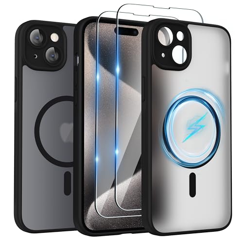 SURPHY für iPhone 15 Case (6,1") für MagSafe mit Schutzfolie, mit Vollständiger Kameraschutz, Stoßfest Matt Handyhülle iPhone 15 Hülle mit Magnete, Anti-Fingerabdruck, Schwarz von SURPHY