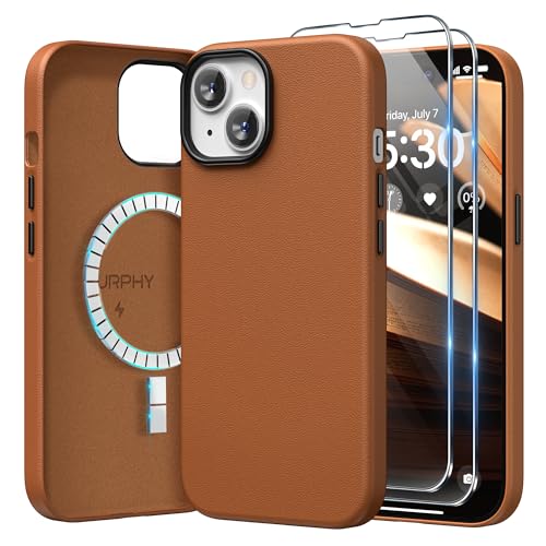 SURPHY für iPhone 15 Leder Hülle 6,1" für MagSafe mit Displayschutzfolie, Kunstleder Handyhülle iPhone 15 Case, iPhone 15 Schutzhülle (mit Mikrofaserfutter), Braun von SURPHY