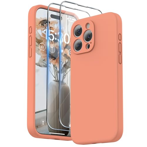 SURPHY für iPhone 15 Pro Max Hülle Silikon mit Band & Displayschutzfolie 6,7" 2023, Handyhülle iPhone 15 Pro Max Case mit Kameraschutz, iPhone 15 Pro Max Schutzhülle, Sorbet Orange von SURPHY