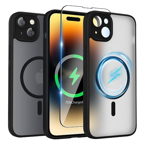 SURPHY für iPhone 15 plus Case (6,7") für MagSafe mit Schutzfolie, mit Vollständiger Kameraschutz, Stoßfest Matt Handyhülle iPhone 15 plus Hülle mit Magnete, Anti-Fingerabdruck, Schwarz von SURPHY
