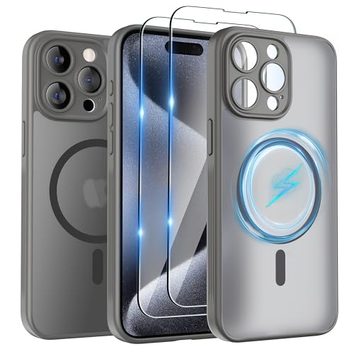 SURPHY für iPhone 15 pro max Case (6,7") für MagSafe mit Schutzfolie, mit Vollständiger Kameraschutz, Stoßfest Matt Handyhülle iPhone 15 pro max Hülle mit Magnete, Anti-Fingerabdruck, Grau von SURPHY