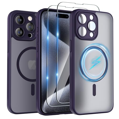 SURPHY für iPhone 15 pro max Case (6,7") für MagSafe mit Schutzfolie, mit Vollständiger Kameraschutz, Stoßfest Matt Handyhülle iPhone 15 pro max Hülle mit Magnete, Anti-Fingerabdruck, Lila von SURPHY