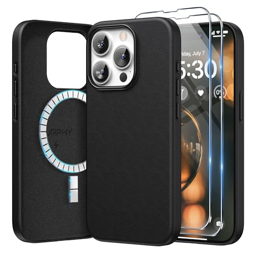 SURPHY für iPhone 15 pro max Leder Hülle 6,7" für MagSafe mit Displayschutzfolie, Kunstleder Handyhülle iPhone 15 pro max Case, iPhone 15 pro max Schutzhülle (mit Mikrofaserfutter), Schwarz von SURPHY