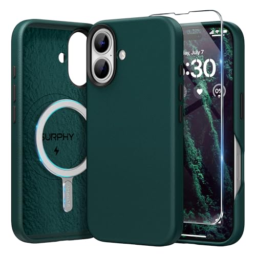 SURPHY für iPhone 16 Plus Leder Hülle 6,7" für MagSafe mit Displayschutzfolie, Kunstleder Handyhülle iPhone 16 Plus Case Schutzhülle [mit Metallknopf Mikrofaserfutter], Teal Grün von SURPHY