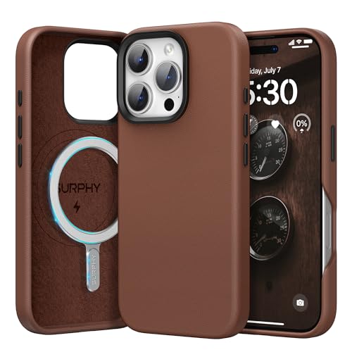 SURPHY für iPhone 16 Pro Magnetische Leder Hülle 6,3" mit Metallknopf, Kunstleder Handyhülle iPhone 16 Pro Case Schutzhülle für MagSafe Alles Zubehör [mit Mikrofaserfutter], Braun von SURPHY