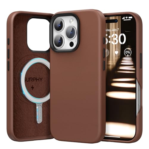 SURPHY für iPhone 16 Pro Max Magnetische Leder Hülle 6,9" mit Metallknopf, Kunstleder Handyhülle iPhone 16 Pro Max Case Schutzhülle für MagSafe Alles Zubehör [mit Mikrofaserfutter], Braun von SURPHY