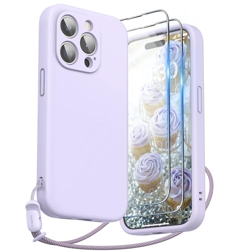 SURPHY kompatibel mit iPhone 15 Pro Hülle Silikon mit Band & Displayschutzfolie 6,1" 2023, Handyhülle iPhone 15 Pro Case mit Kameraschutz, iPhone 15 Pro Schutzhülle, Flieder von SURPHY