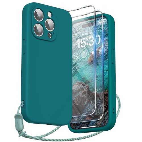 SURPHY kompatibel mit iPhone 15 Pro Hülle Silikon mit Band & Displayschutzfolie 6,1" 2023, Handyhülle iPhone 15 Pro Case mit Kameraschutz, iPhone 15 Pro Schutzhülle, Teal Blue von SURPHY