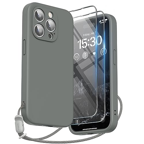 SURPHY kompatibel mit iPhone 15 Pro Hülle Silikon mit Band & Displayschutzfolie 6,1" 2023, Handyhülle iPhone 15 Pro Case mit Kameraschutz, iPhone 15 Pro Schutzhülle, Weltraum Grau von SURPHY