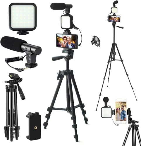 Vlogging-Kit, YouTube-Starter-Kit, Vlogging-Kit für iPhone/Android-Telefone/Kameras, Telefonhalter für Videoaufnahmen mit Ausziehbarem 50inch Stativ/Mikrofon/Aufhelllicht/Aufnahmefernbedienung von SURPN