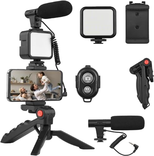 Vlogging-Kit für iPhone, Android (mit Stativ), mit Mini-LED-Videoleuchte + Nierenmikrofon + Telefonclip + Stativ für Live-Übertragungen, Videoanrufe, Vlogging, YouTube, Instagram TikTok von SURPN