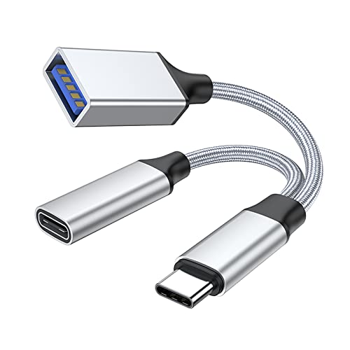 USB C auf USB Adapter OTG und Ladekabel, 2 in 1 USB-C Splitter mit 10 W PD Ladegerät Typ C OTG und USB A Buchse Port kompatibel für Samsung S21/S20 LG G8, Pixel4 XL, Google TV (Silver) von SURPRIZON