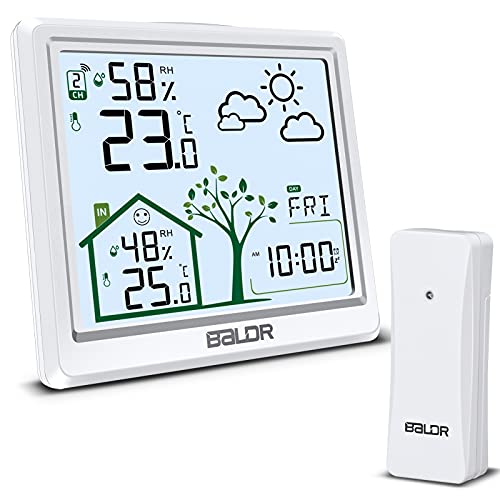 Wetterstation Funk mit Außensensor, Groß Digital Funkwetterstation Thermometer Hygrometer Innen Außen, Raumthermometer Feuchtigkeit mit Wettervorhersage, Uhrzeit, Temperatur, Wecker Funktion (Weiß) von SUSSURRO