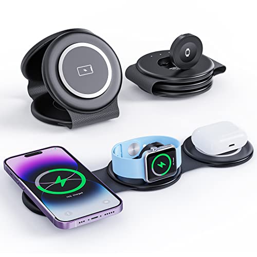 SUTOUG 3 in 1 Wireless Charger Mag-Safe Ladestation mit 18W AC Adapter Kompatibel für iPhone 15/14/13/12 Pro Max Plus, Flodable Reiseladestation für Apple Watch und Air Pods von SUTOUG