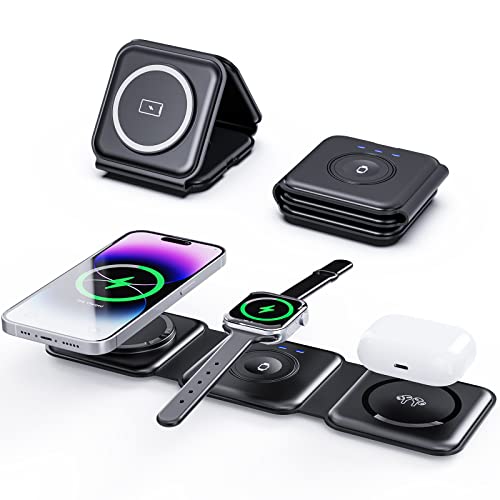 SUTOUG 3 in 1 Wireless Charger Mag-Safe Ladestation mit 18W AC Adapter Kompatibel für iPhone 15/14/13/12 Pro Max Plus, Flodable Reiseladestation für Apple Watch und Air Pods von SUTOUG