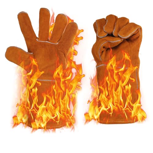 SUWIWKKOA Grillhandschuhe Hitzebeständig bis 600°C, Kaminhandschuhe Feuerfest mit Unterarmschutz, Schweißerhandschuhe Hitzebeständig, Leder Grillhandschuhe für Draussen Backen Grillen Kochen (Khaki) SUWIWKKOA Grillhandschuhe Hitzebeständig bis 600°C, Kaminhandschuhe Feuerfest mit Unterarmschutz, Schweißerhandschuhe Hitzebeständig, Leder Grillhandschuhe für Draussen Backen Grillen Kochen (Khaki) von SUWIWKKOA