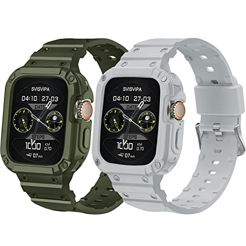 SVISVIPA Armband mit Stoßfängergehäuse, kompatibel mit iWatch Serie 9, 8, 7, SE, 6, 5, 4, 3, 2, 1, robust, stoßfest, militärischer Schutz, 2 Stück (Hellgrau, Armeegrün) von SVISVIPA