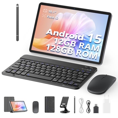 2025 Neueste Android 15 Tablet, 10 Zoll, 12GB RAM+128GB ROM (1TB TF) mit Hülle, Stift, Tastatur und Maus, Octa-Core, 1280x800 HD, 6000mAh（mit NTC）, Widevine L1, 8MP+5MP, 2.4G+5G WiFi, GPS von SVITOO
