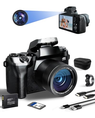 SWE Digitalkamera 4K 64MP Selfie Digital Kamera Fotokamera mit WiFi 4.0" Touchscreen, Autofokus 16X Kompaktkamera für Einsteiger mit 32G Karte 3000mAh Batterie Camera Tasche - Doppellinse von SWE