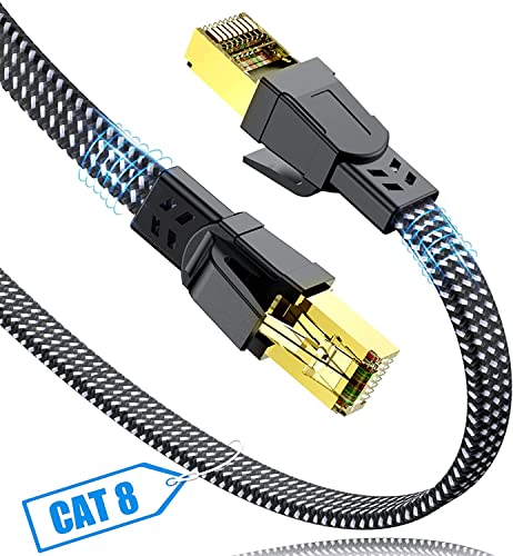 Cat 8 LAN Kabel 7.5m, SWECENT 40Gbps Netzwerkkabel Hochgeschwindigkeits 2000MHz S/FTP Ethernet Kabel POE Gigabit RJ45 Nylon geflochtener Flaches Vergoldeter Patchkabel für PS5/4 Router Modem TV Laptop von SWECENT